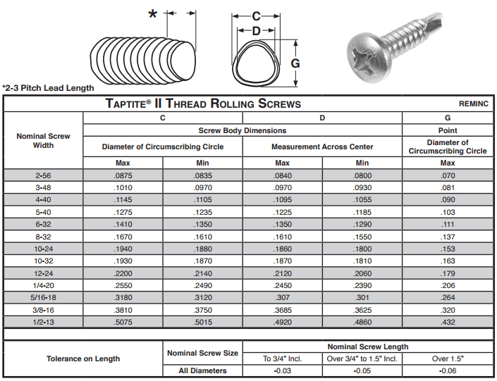 Stainless Steel Self Tapping Screws Dimensions