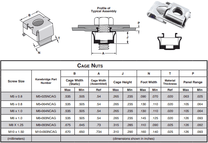 Captive Cage Nuts Dimensions